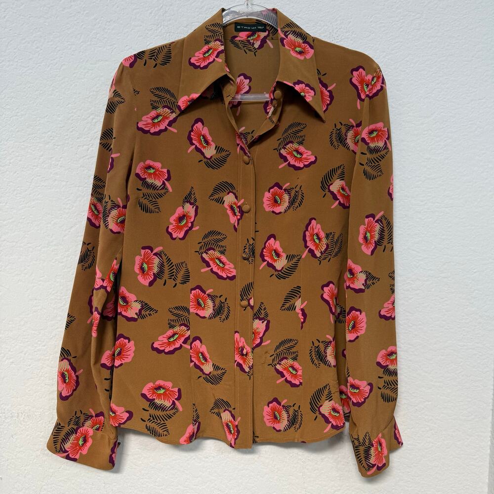 Etro Italian Silk Floral Button Up Long Sleeve Shirt Brown